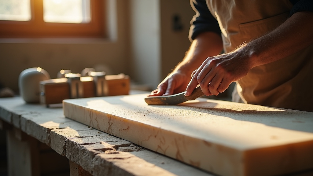 Installation d'un plan de travail en granit par un marbrier