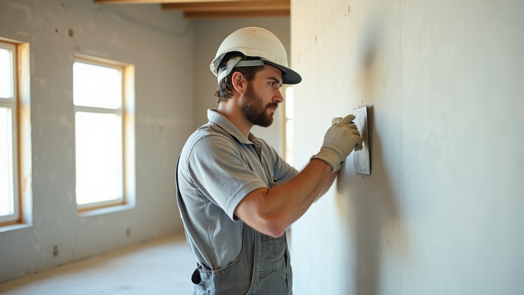 Jointeur travaillant sur un mur avec des outils de finition