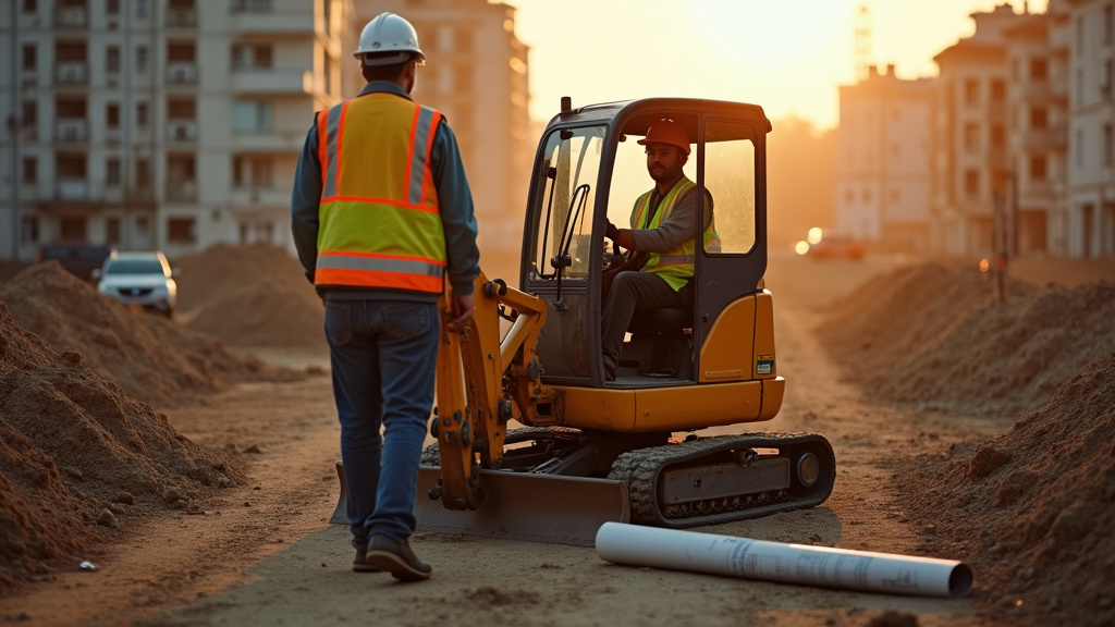 Terrassier utilisant des outils de précision pour mesurer les niveaux sur un chantier