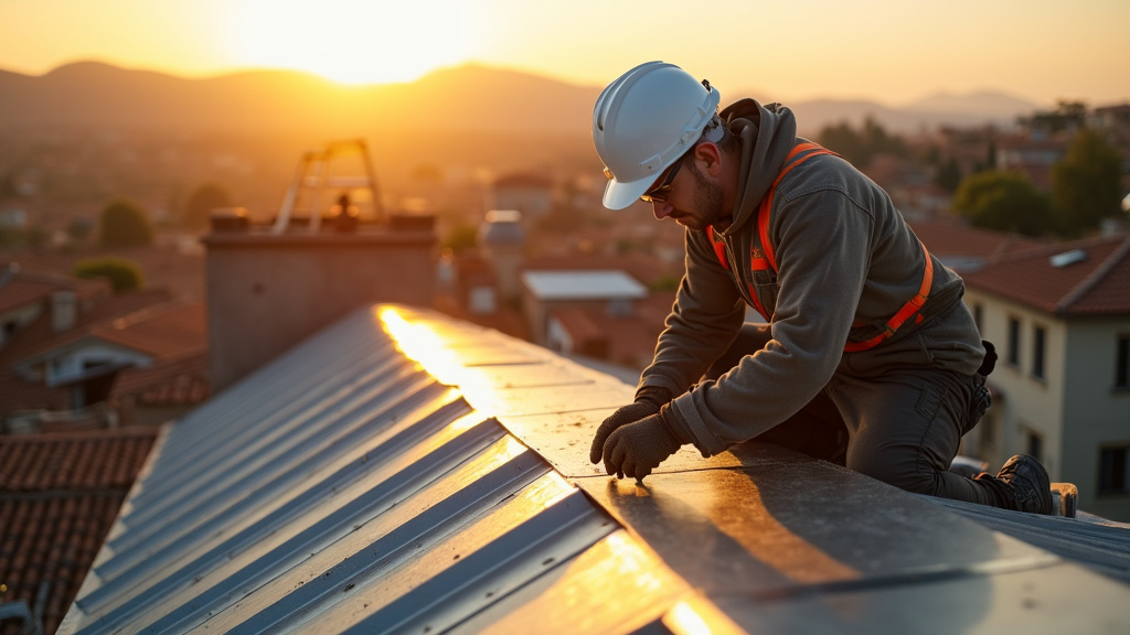 Zingueur travaillant par mauvais temps sur une toiture en pente