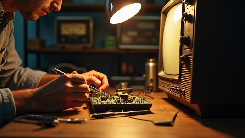 Atelier de réparation de télévision avec outils électroniques spécialisés
