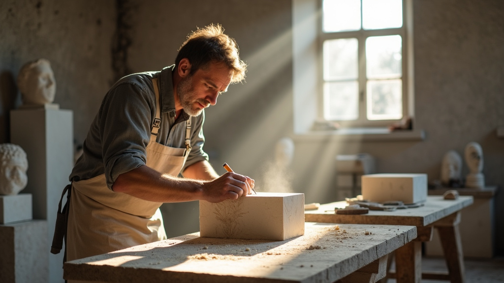 Formation de sculpteur sur pierre avec des outils et des blocs de pierre