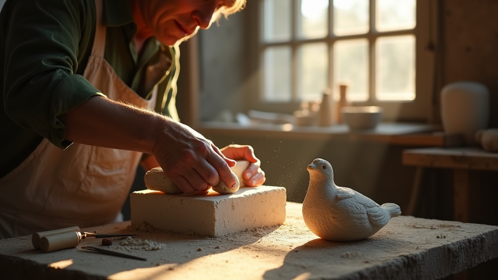 Atelier de sculpteur sur pierre avec des outils et des blocs de pierre