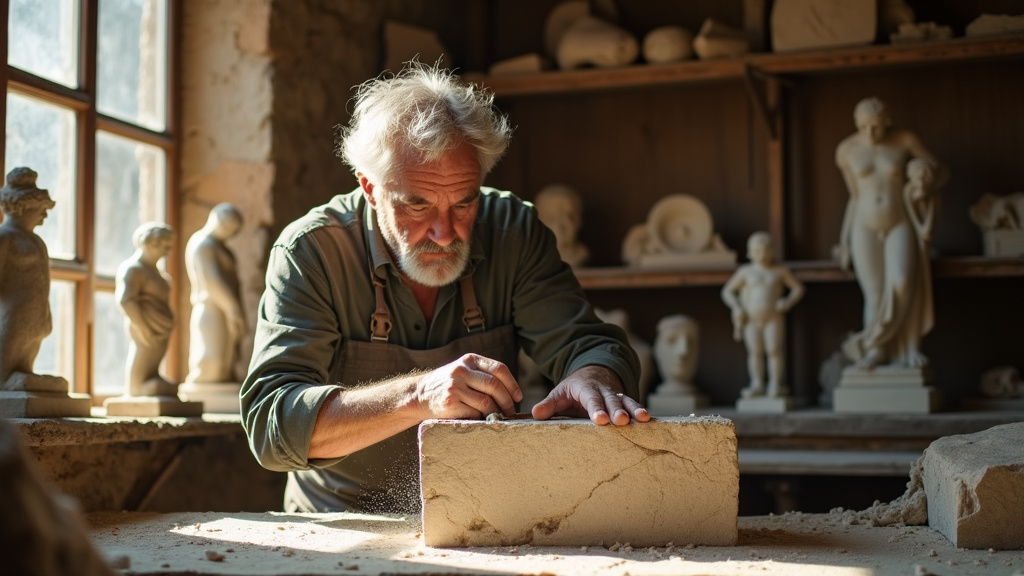 Sculpteur sur pierre travaillant dans son atelier avec des outils traditionnels