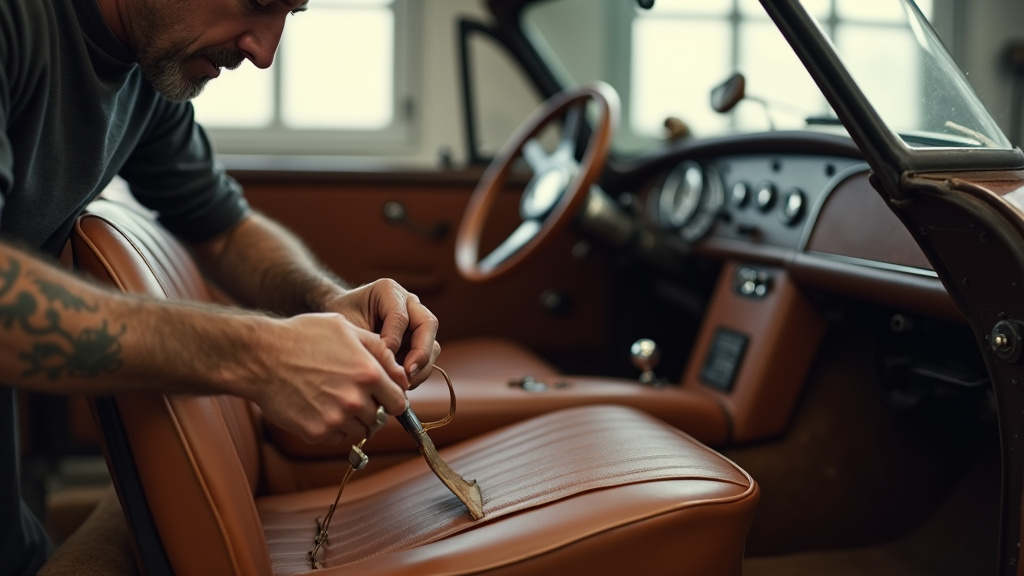 Intérieur de voiture restauré par un sellier professionnel