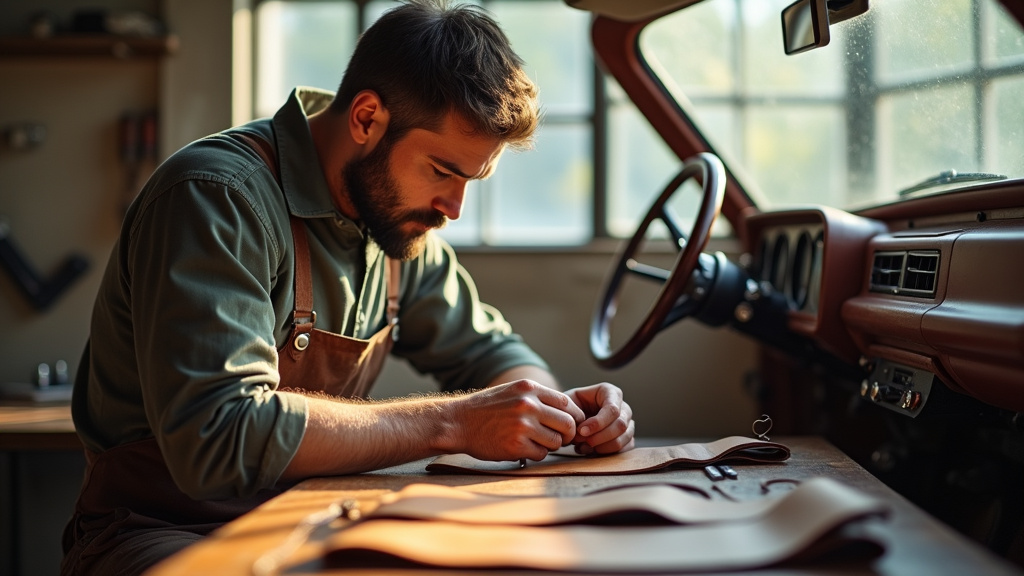 Sellier automobile au travail dans son atelier