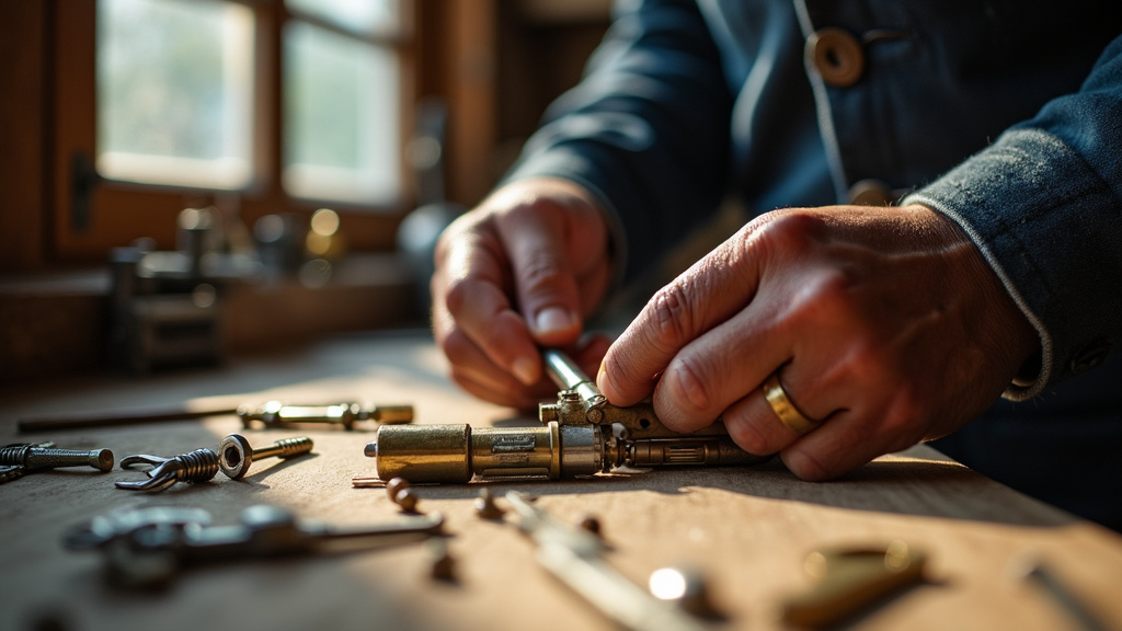 Serrurier utilisant des outils de précision dans un atelier