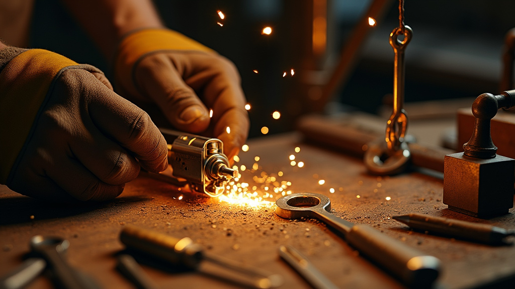Serrurier travaillant sur une serrure complexe dans un atelier