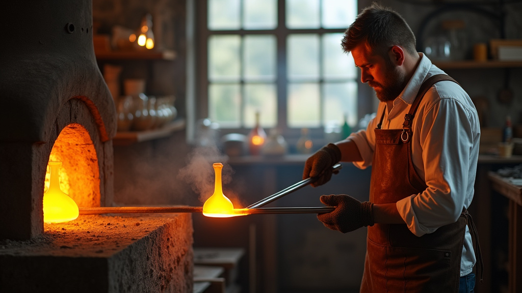 Atelier de soufflage de verre avec différents outils et pièces en cours de fabrication