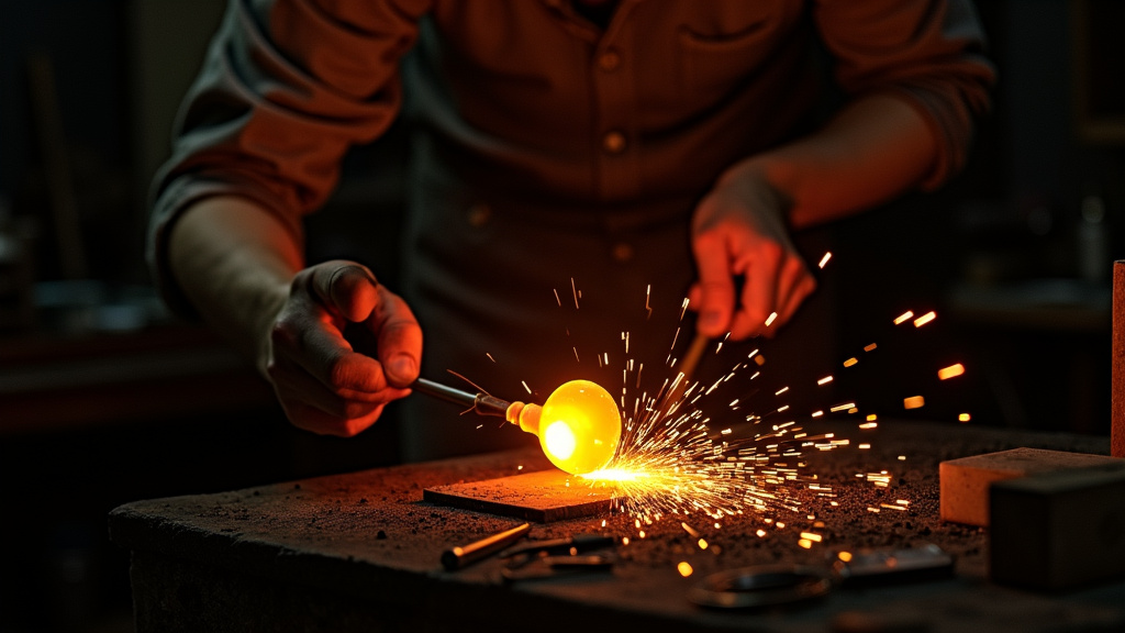 Souffleur de verre travaillant devant un four à 1200°C dans un atelier artisanal
