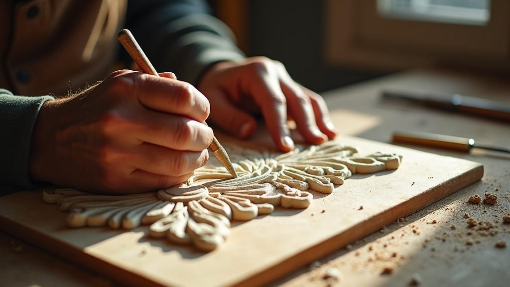 Atelier de staffeur ornemaniste avec outils et matériaux