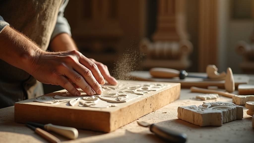 Staffeur ornemaniste au travail dans un atelier de restauration