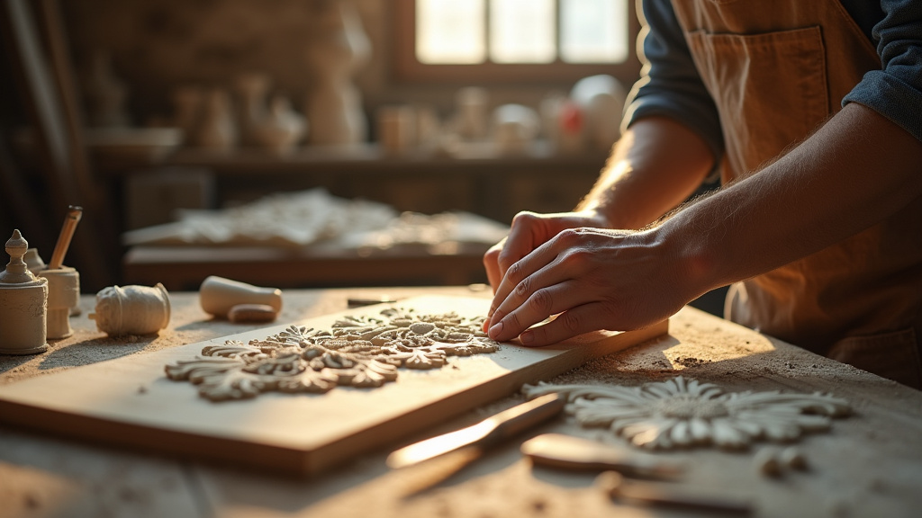 Staffeur ornemaniste au travail dans un atelier de restauration