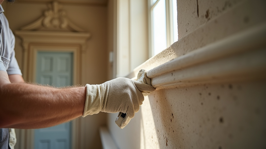 Stucateur posant des éléments décoratifs sur un chantier