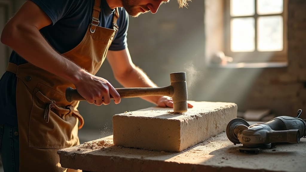 Processus de travail d'un tailleur de pierre avec épure et outils