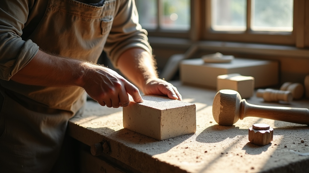 Tailleur de pierre travaillant dans un atelier artisanal