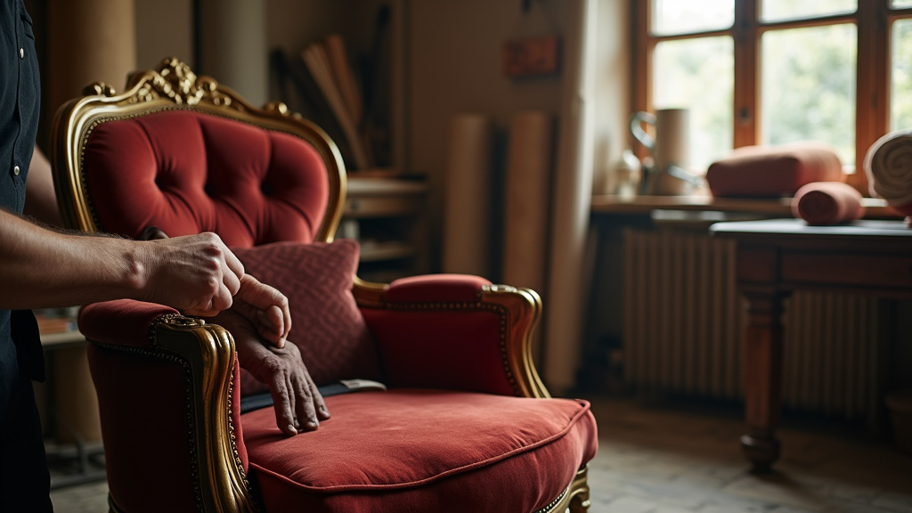 Tapissier décorateur au travail sur un fauteuil ancien dans son atelier