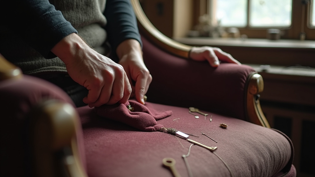 Atelier de tapissier avec meubles en cours de restauration