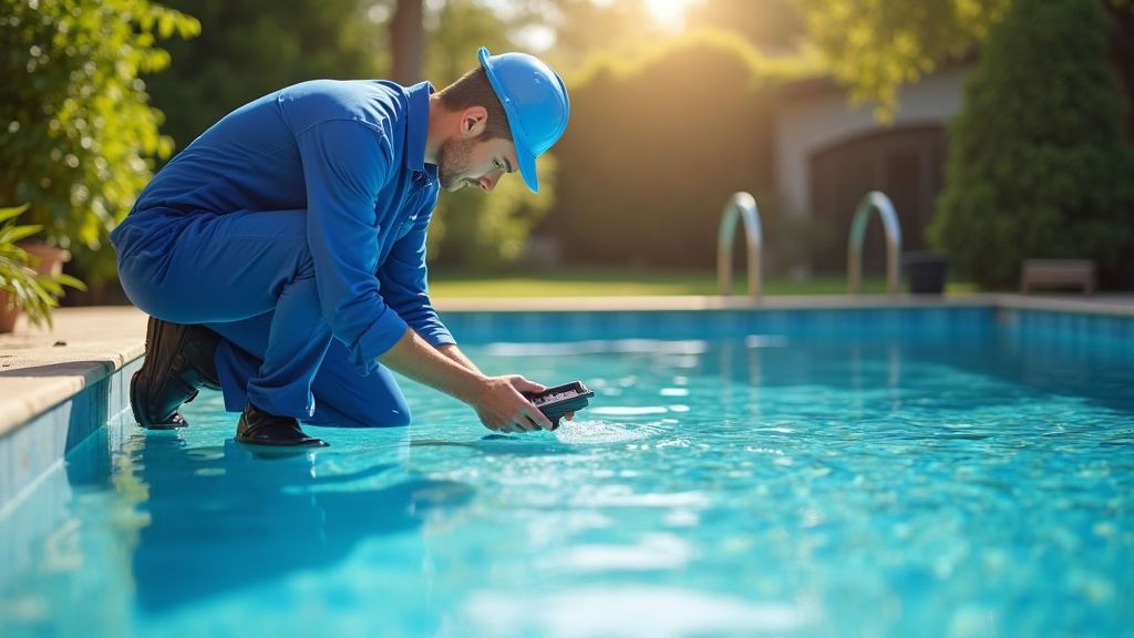 Technicien piscine effectuant l'entretien d'une piscine avec des produits chimiques et des équipements de mesure