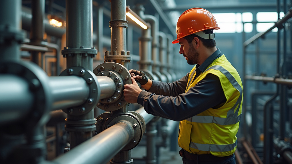 Tuyauteur travaillant en hauteur sur un échafaudage industriel