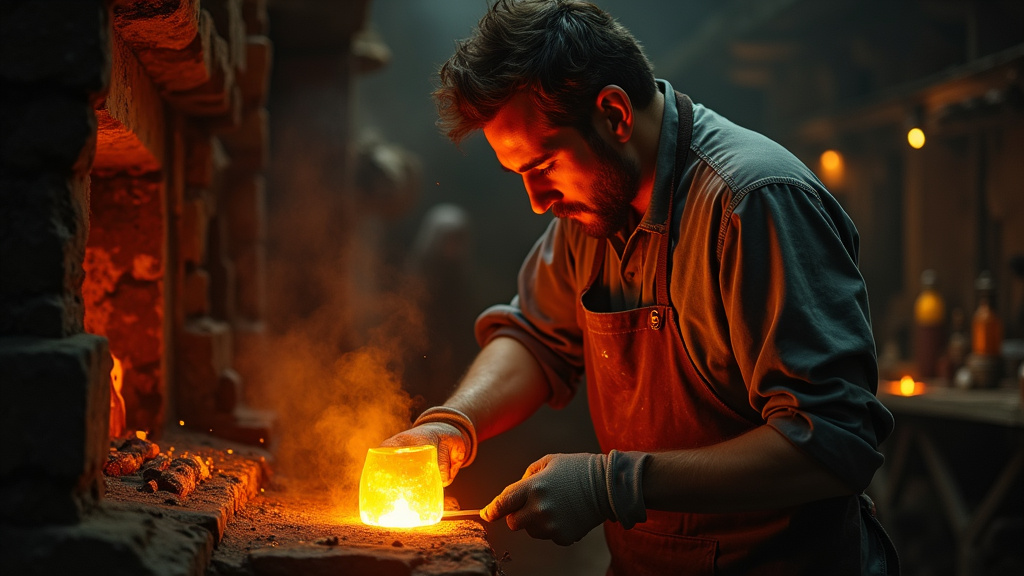 Verrier travaillant dans un atelier artisanal avec four de soufflage
